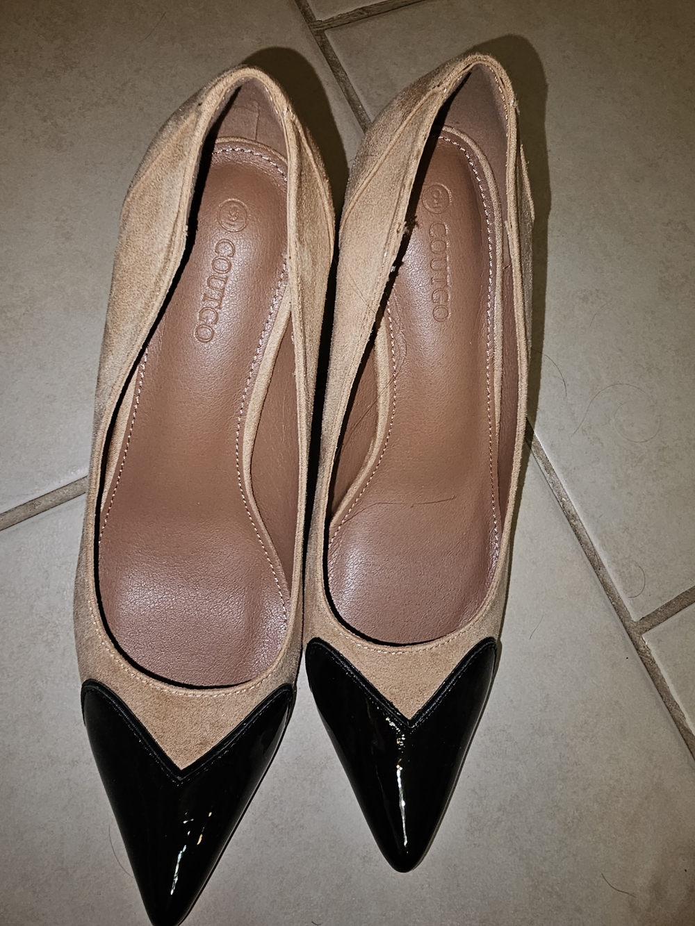 Cortico Beige Suede Pointed-Toe Pumps with Black Patent Cap